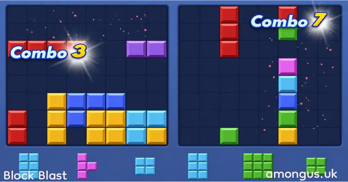 Block Blast game art with bright blocks and a puzzle board