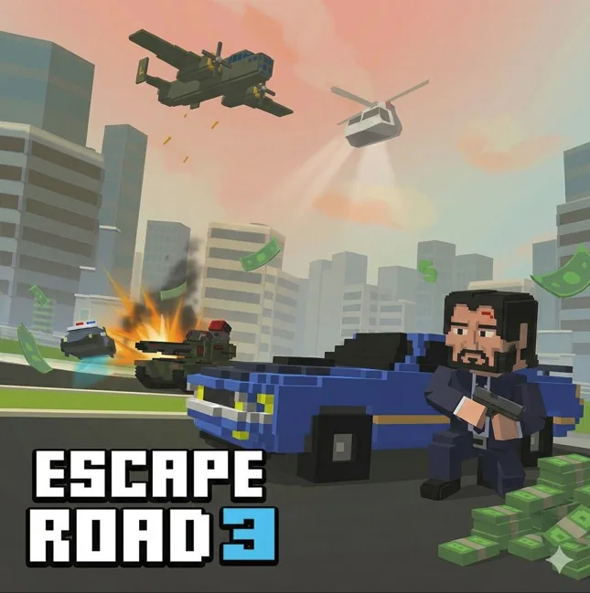 Escape Road 3 game art with a car chase through a city